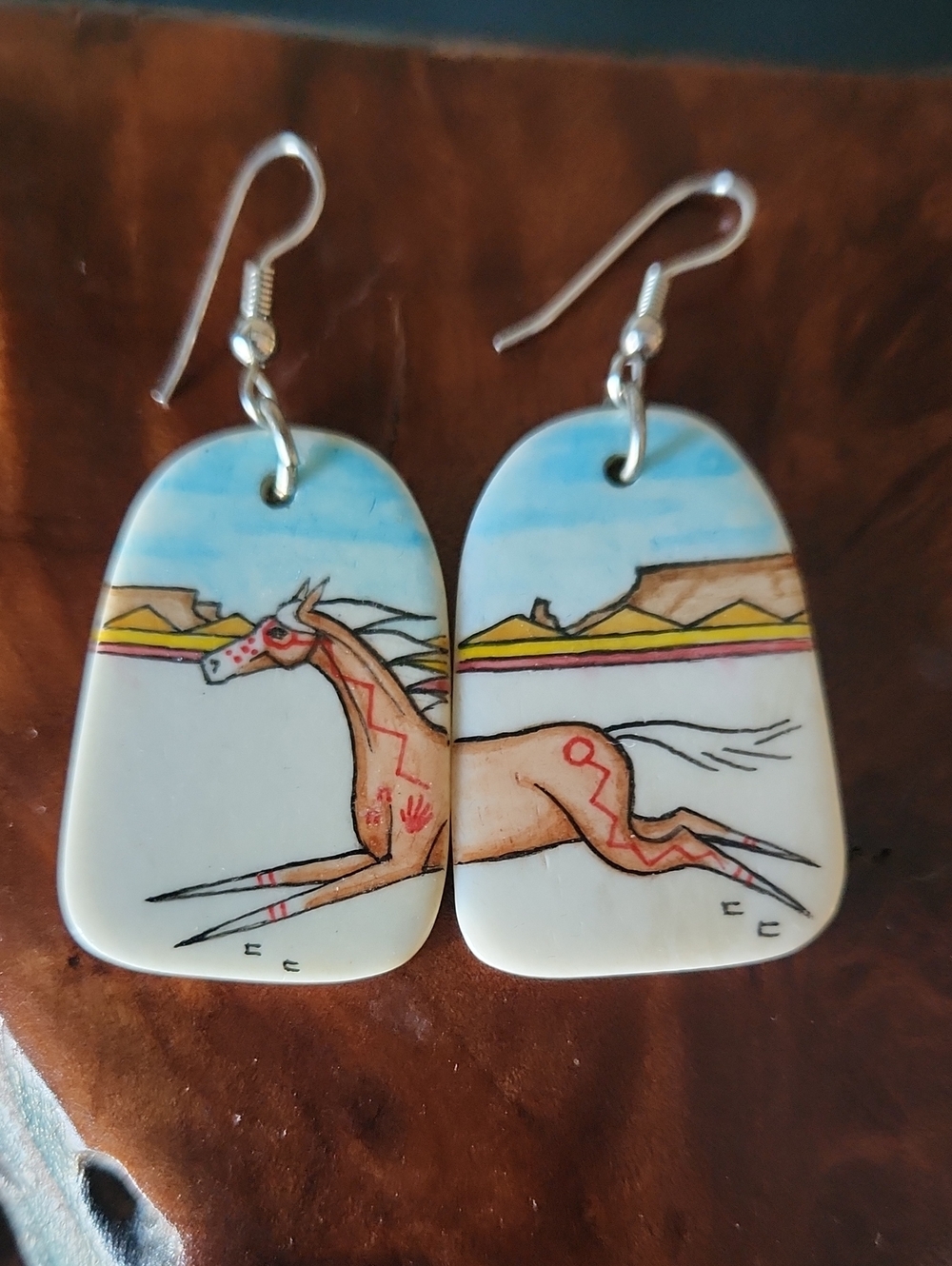 D C Arquero Hand-Painted Desert Horse Native Artist Earrings-Like New Condition